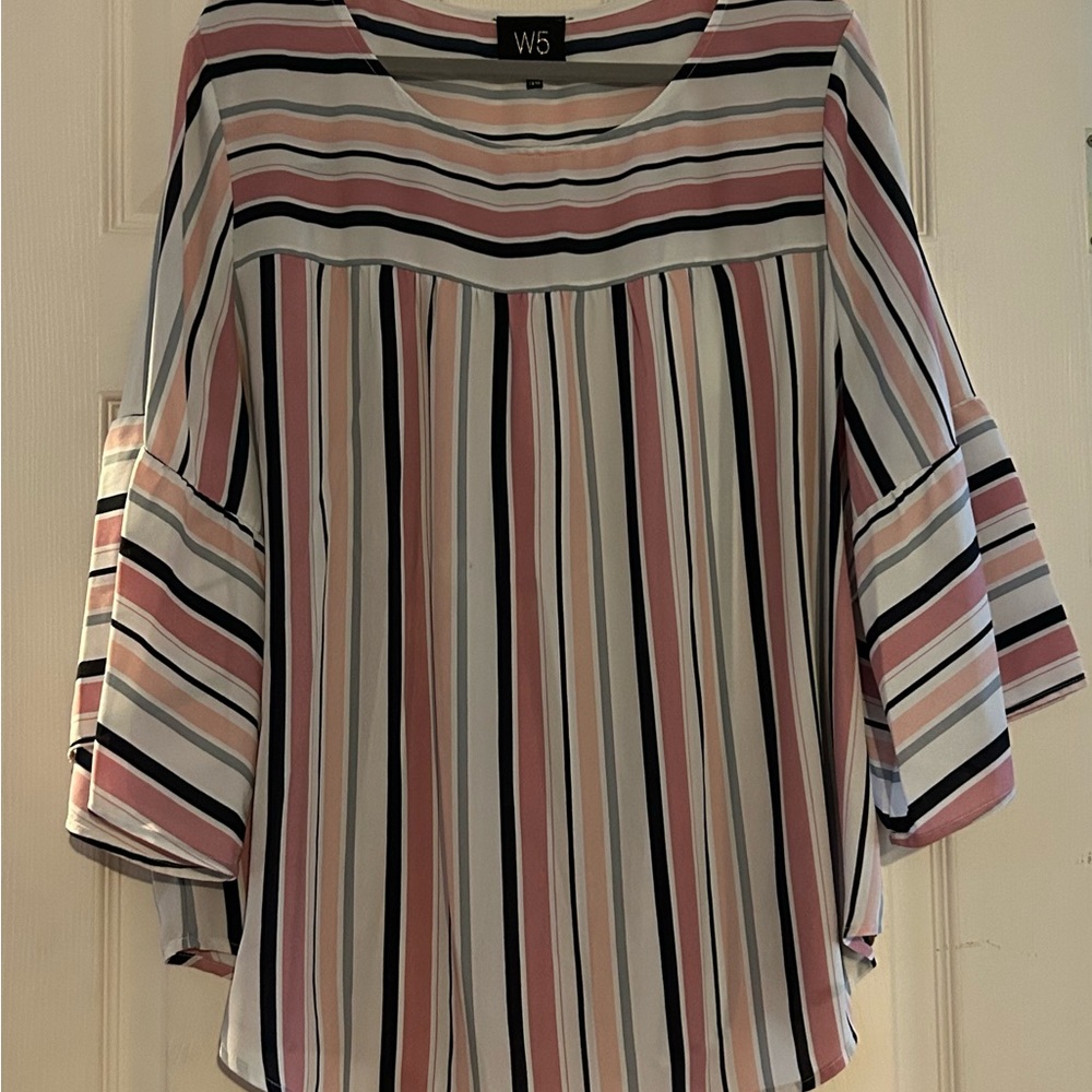 W5 Pink and Gray Blouse with Flutter Sleeves